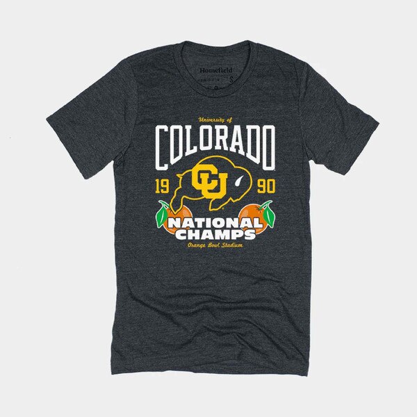 Dark gray CU Boulder T-shirt with 1990 National Champs graphic, Buffalo logo, and Orange Bowl details, short sleeves and crew neck design